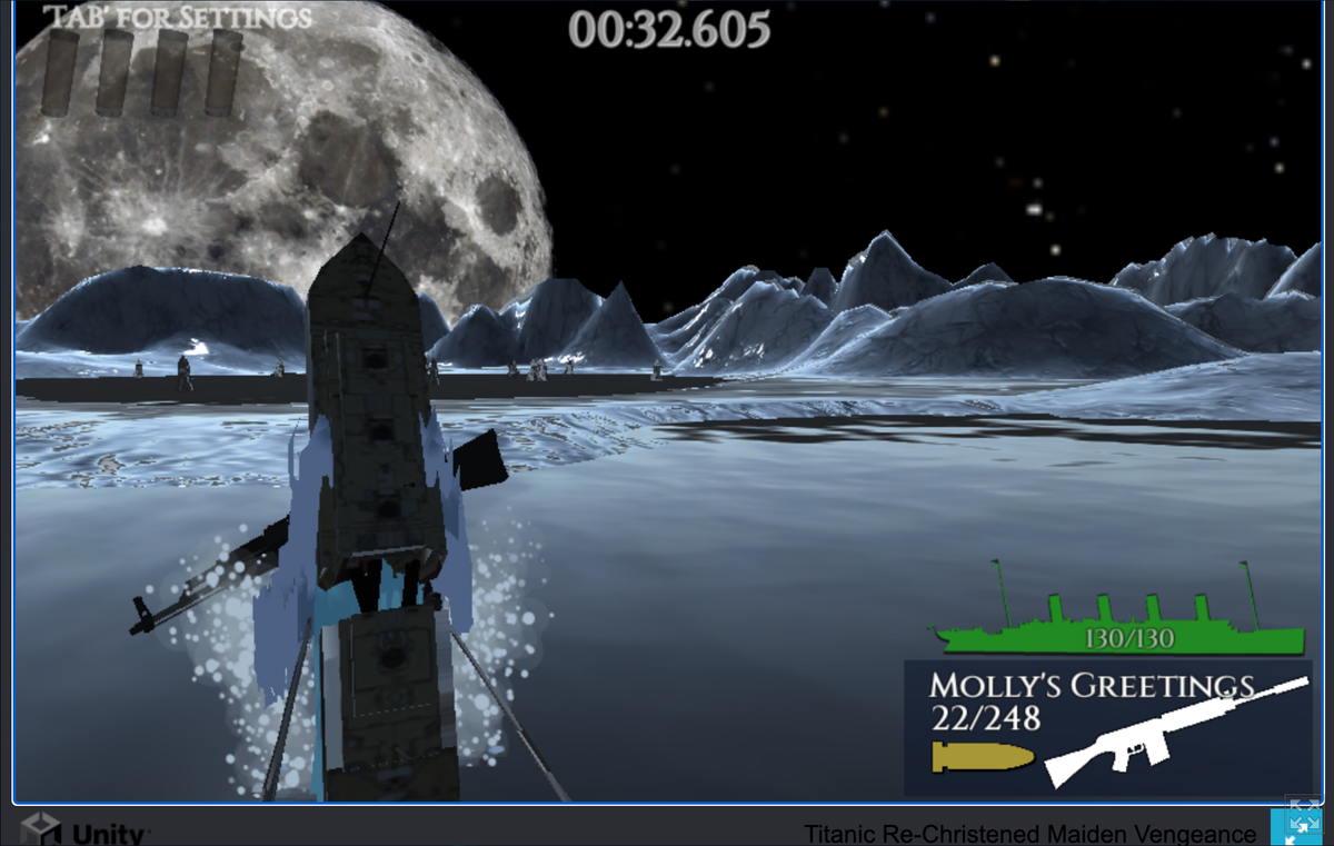 A screenshot from Titanic Re-Christened, showing the bipedal Titanic carrying "Molly's Greetings," a gun.